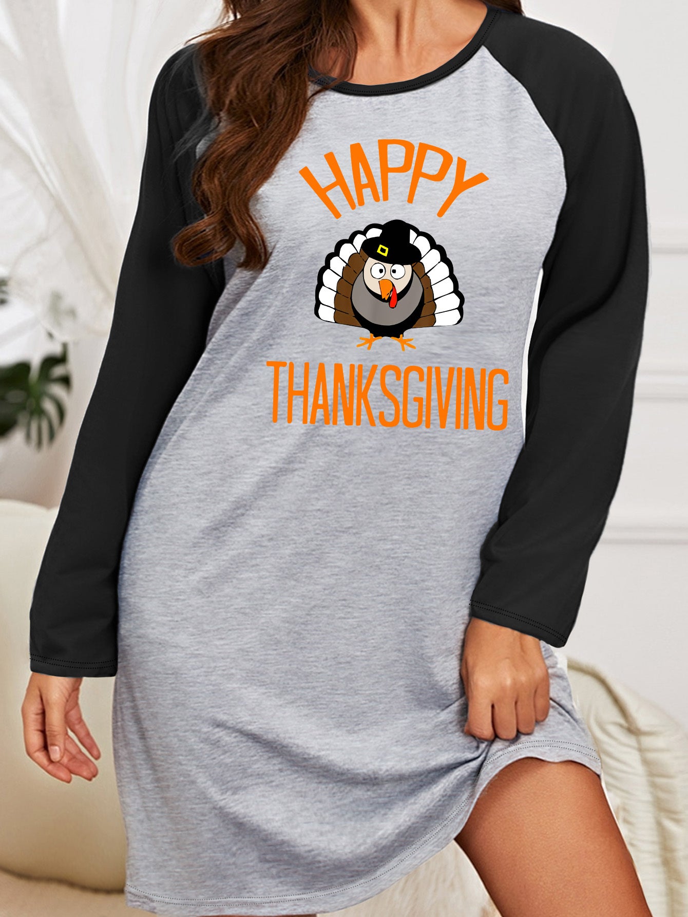  Turkey & Letter Print Raglan Sleeve Round Neck Stretch Sleep Dress