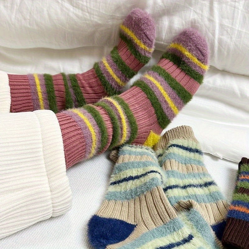 3 Pairs Colorblock Stripe Plush Socks Soft Women's Stockings