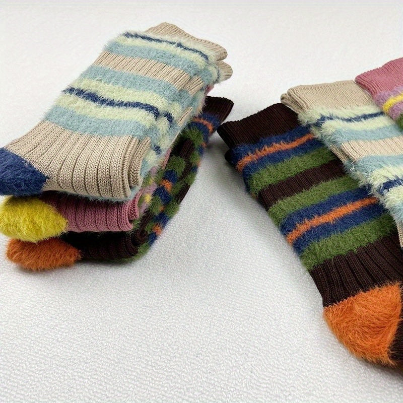 3 Pairs Colorblock Stripe Plush Socks Soft Women's Stockings