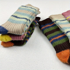 3 Pairs Colorblock Stripe Plush Socks Soft Women's Stockings