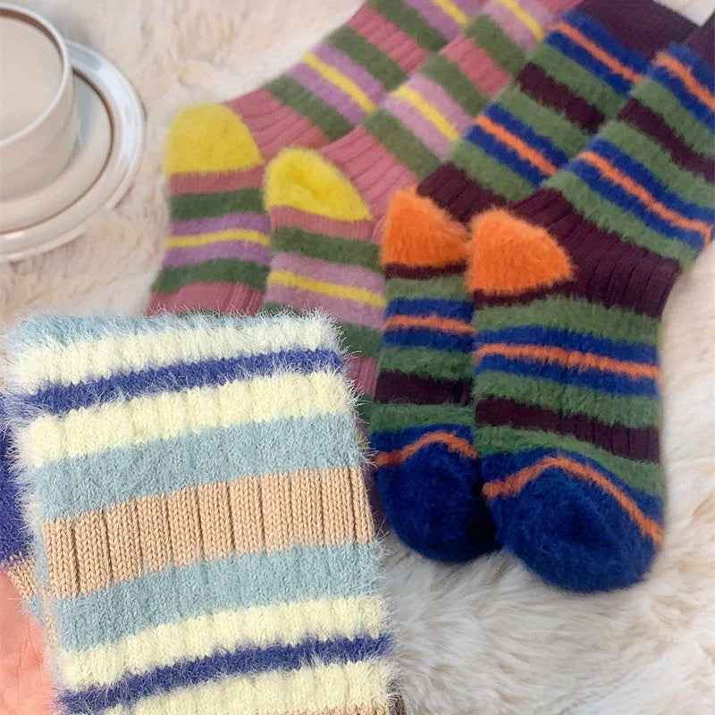 3 Pairs Colorblock Stripe Plush Socks Soft Women's Stockings