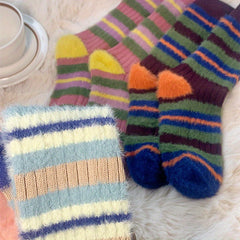3 Pairs Colorblock Stripe Plush Socks Soft Women's Stockings
