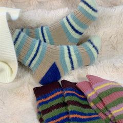 3 Pairs Colorblock Stripe Plush Socks Soft Women's Stockings