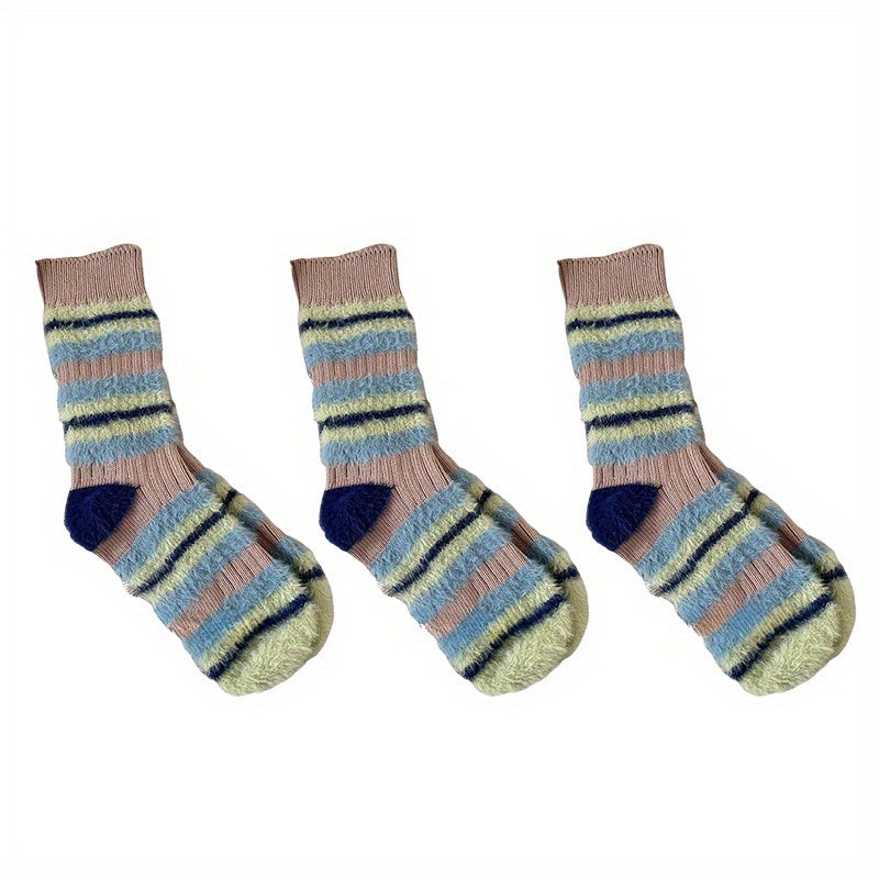 3 Pairs Colorblock Stripe Plush Socks Soft Women's Stockings