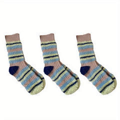 3 Pairs Colorblock Stripe Plush Socks Soft Women's Stockings