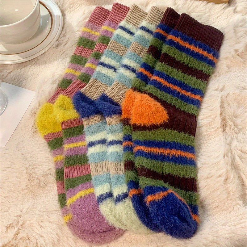 3 Pairs Colorblock Stripe Plush Socks Soft Women's Stockings