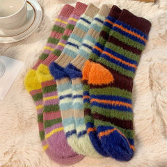 3 Pairs Colorblock Stripe Plush Socks Soft Women's Stockings