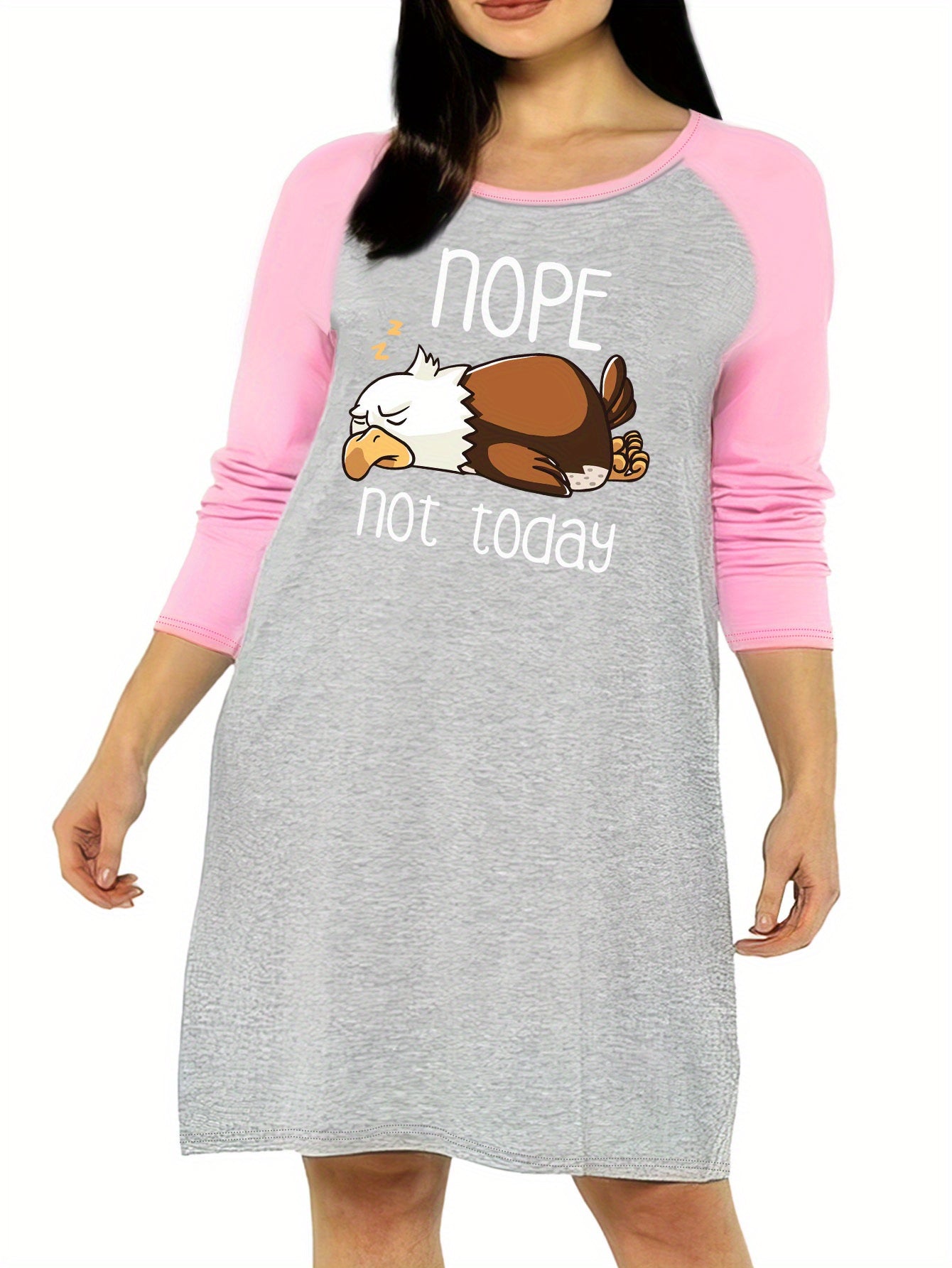  Nightdress Women's Plus Cartoon Eagle & Letter Print Raglan Sleeve Rou