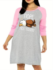  Nightdress Women's Plus Cartoon Eagle & Letter Print Raglan Sleeve Rou