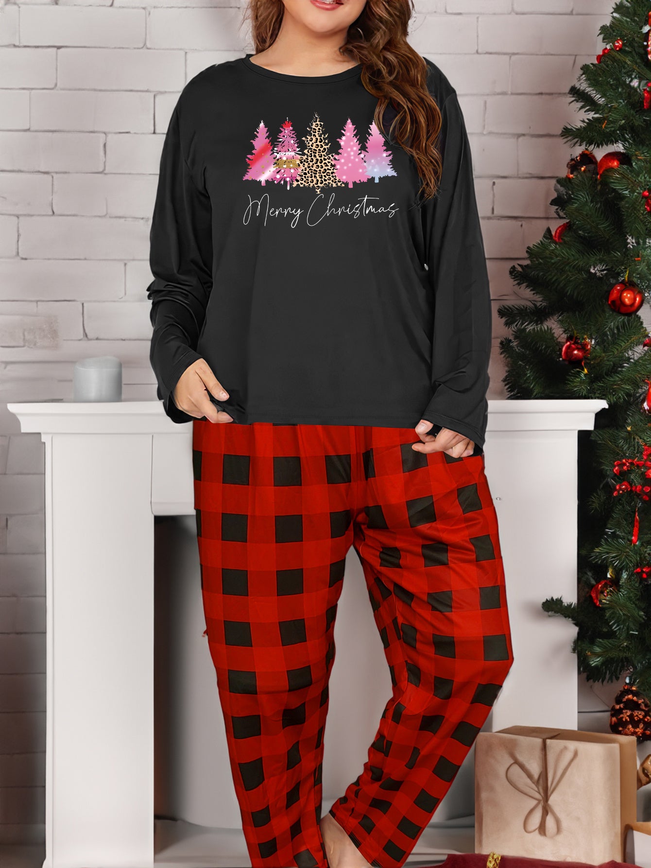  Christmas Lounge Set Women's Long Sleeve Tee & Plaid Pants Pajama