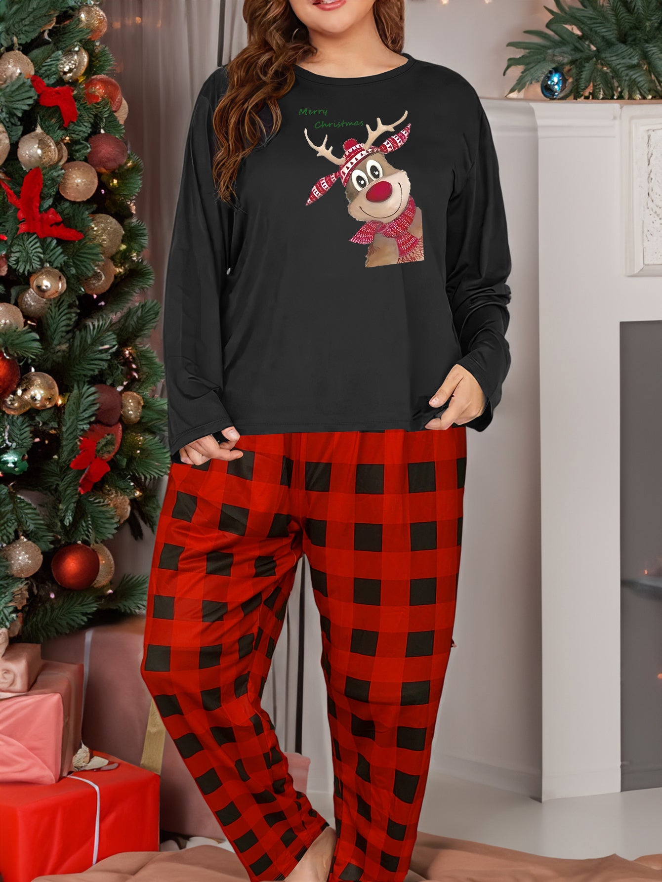  Elk Graphic Tee & Plaid Pants Pajamas Set