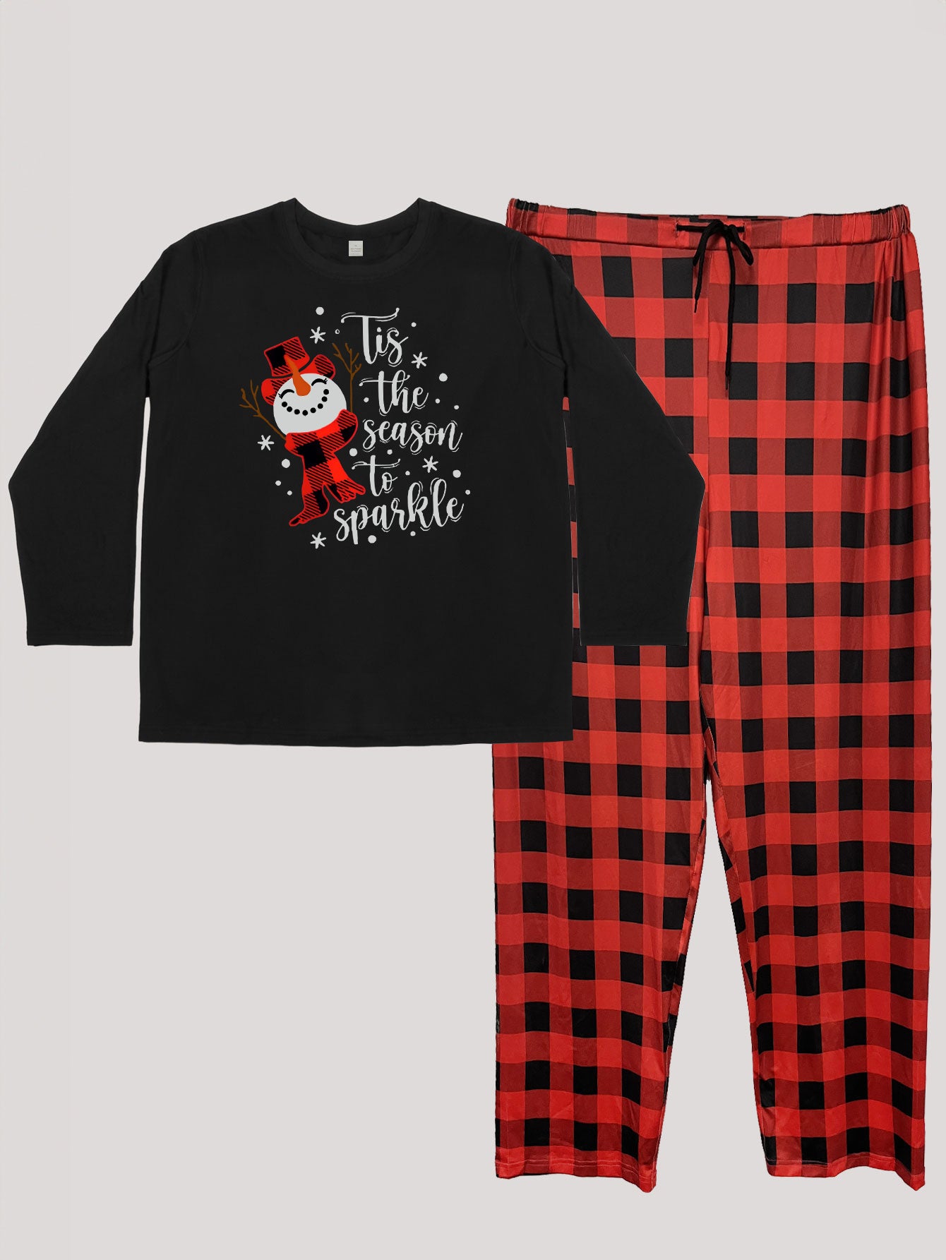  Snowman & Letter Print Long Sleeve Top & Plaid Pants Pajamas Set