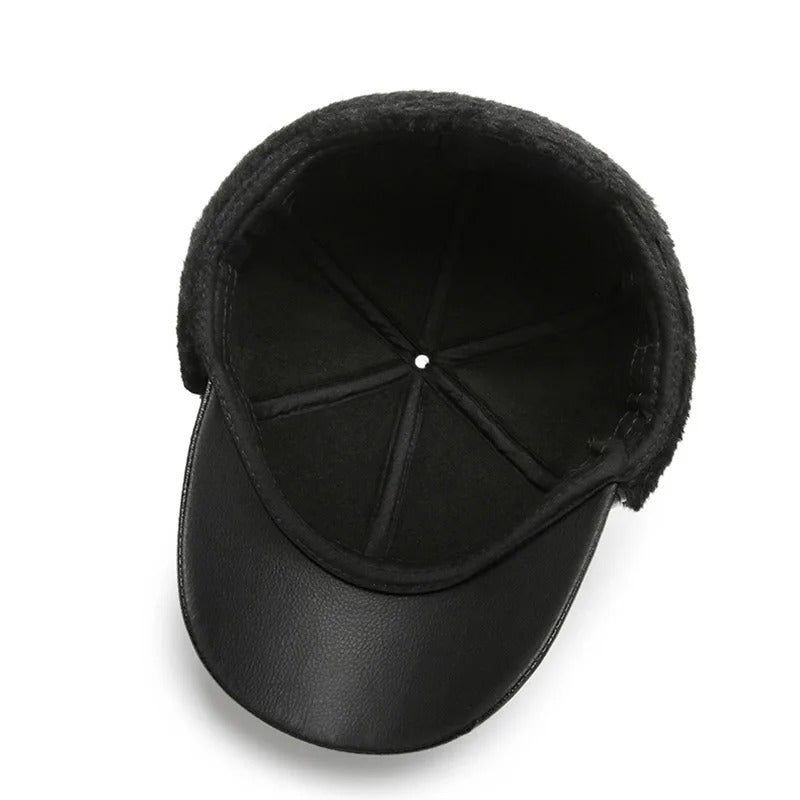 Men's Winter Baseball Cap With Earflaps Windproof PU Leather Hat