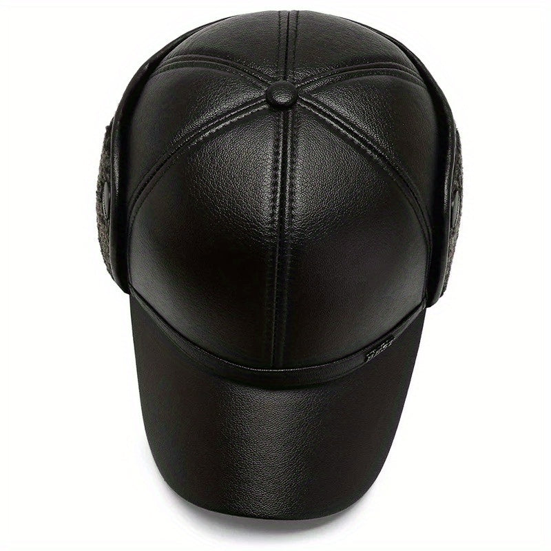 Men's Winter Baseball Cap With Earflaps Windproof PU Leather Hat