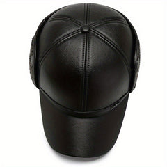 Men's Winter Baseball Cap With Earflaps Windproof PU Leather Hat