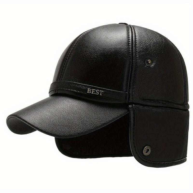 Men's Winter Baseball Cap With Earflaps Windproof PU Leather Hat