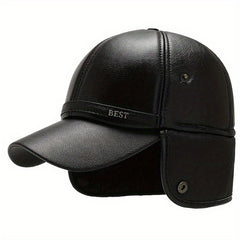 Men's Winter Baseball Cap With Earflaps Windproof PU Leather Hat
