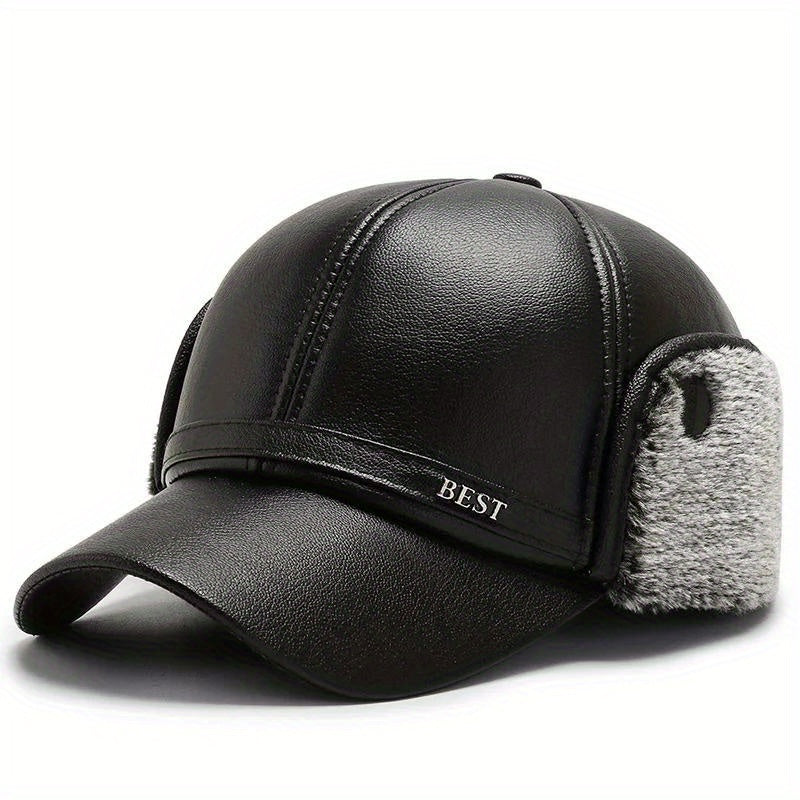 Men's Winter Baseball Cap With Earflaps Windproof PU Leather Hat