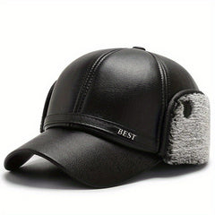 Men's Winter Baseball Cap With Earflaps Windproof PU Leather Hat