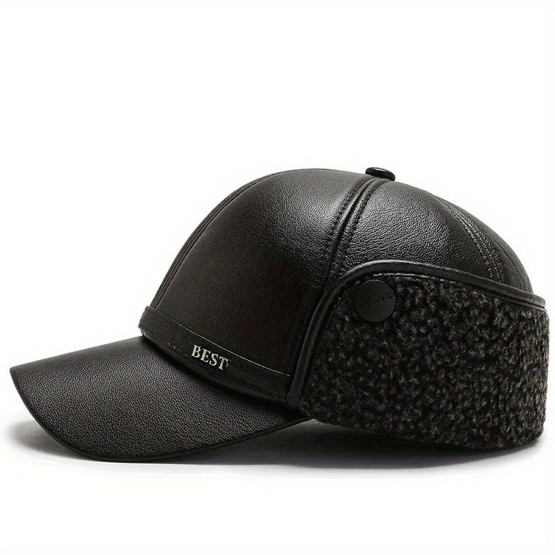 Men's Winter Baseball Cap With Earflaps Windproof PU Leather Hat