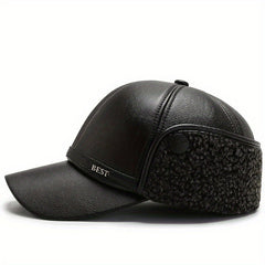 Men's Winter Baseball Cap With Earflaps Windproof PU Leather Hat