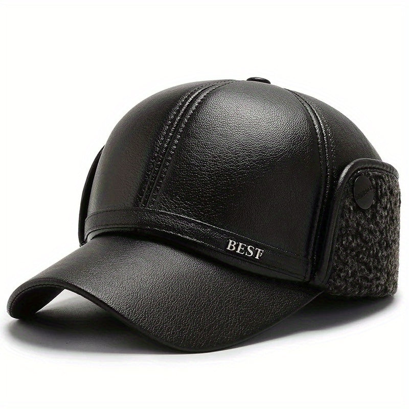 Men's Winter Baseball Cap With Earflaps Windproof PU Leather Hat