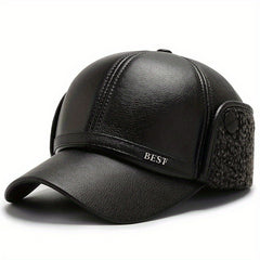 Men's Winter Baseball Cap With Earflaps Windproof PU Leather Hat