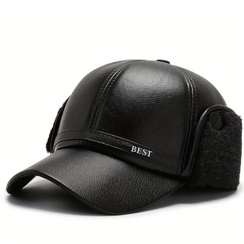 Men's Winter Baseball Cap With Earflaps Windproof PU Leather Hat