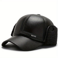 Men's Winter Baseball Cap With Earflaps Windproof PU Leather Hat