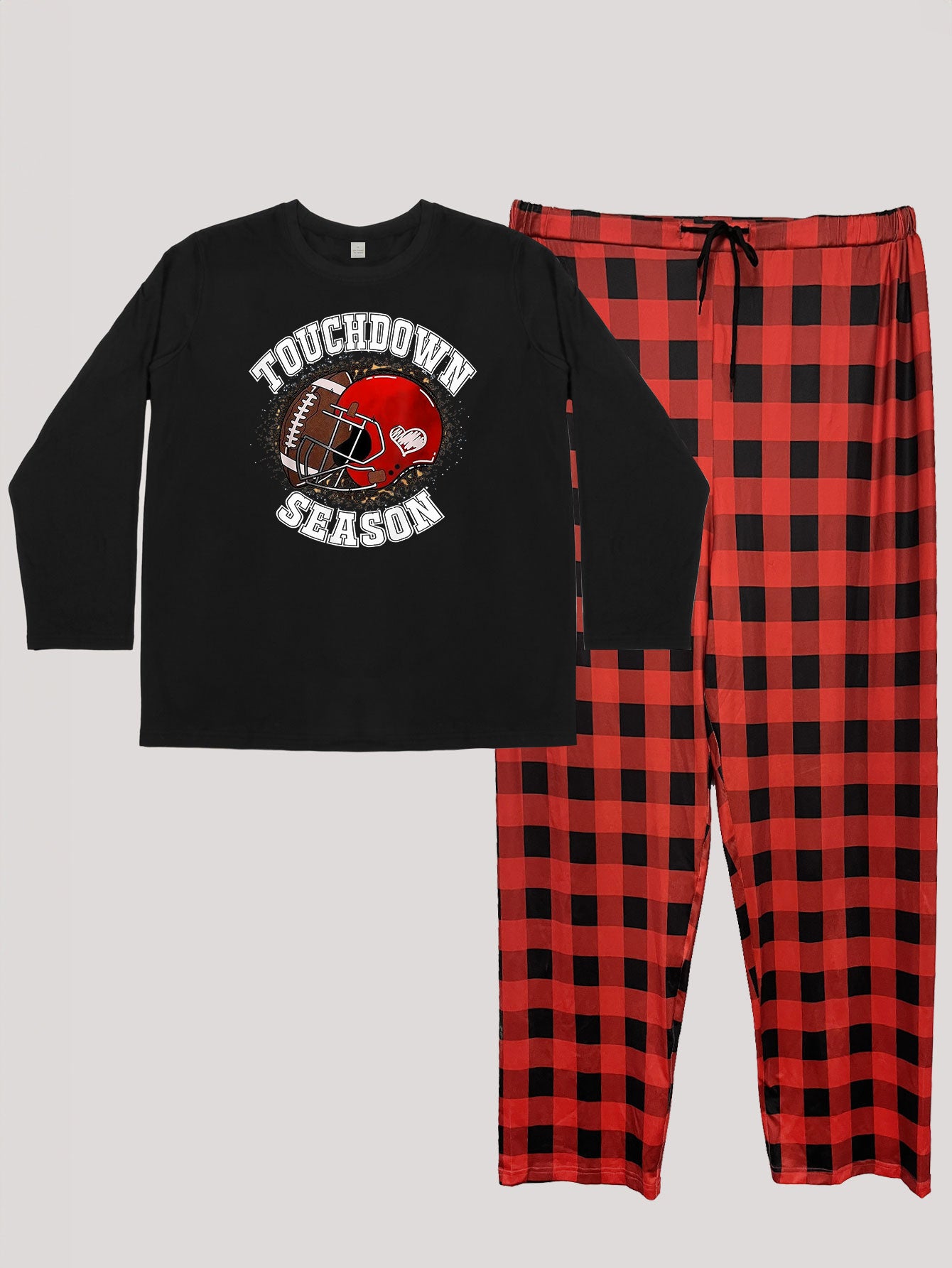  Sporty Lounge Set Rugby Print Long Sleeve Tee & Plaid Pants Pajamas
