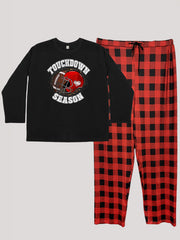  Sporty Lounge Set Rugby Print Long Sleeve Tee & Plaid Pants Pajamas