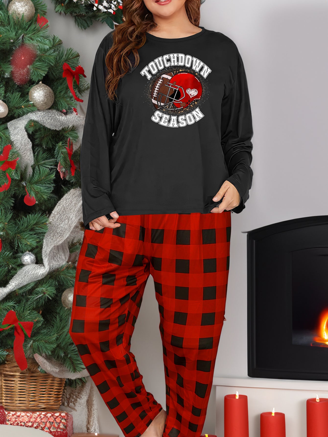  Sporty Lounge Set Rugby Print Long Sleeve Tee & Plaid Pants Pajamas