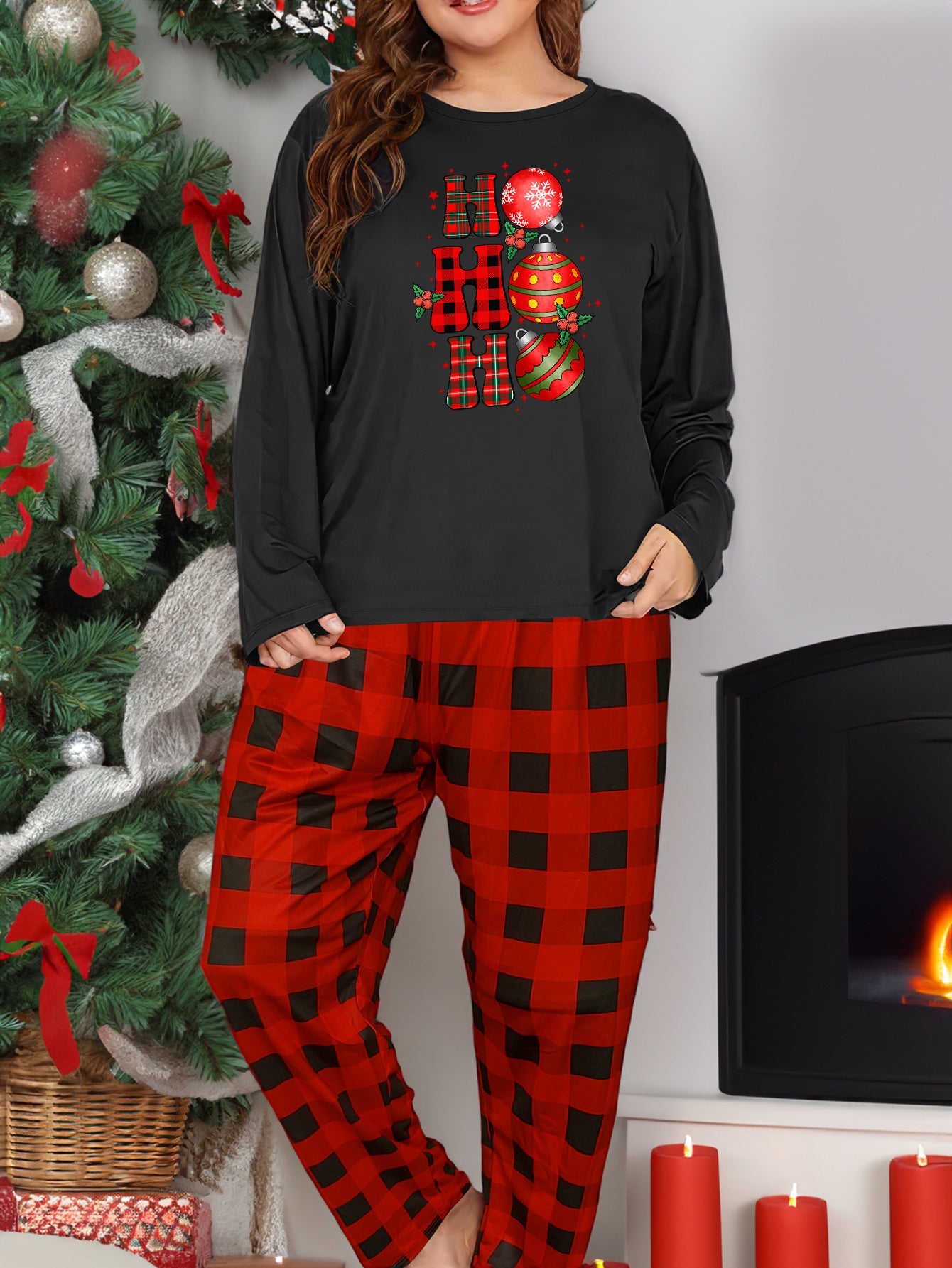  Christmas Lounge Set Bell & Letter Print Tee Plaid Pants Pajam