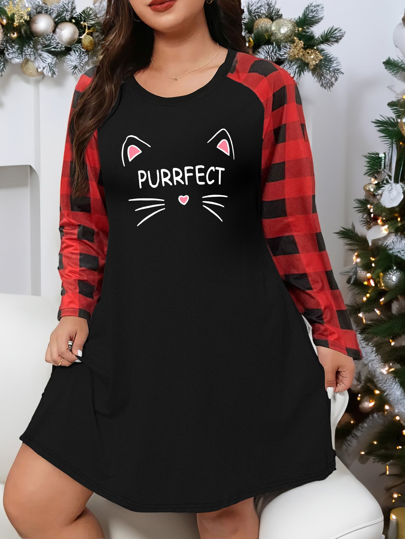  Lounge Dress Women's Plus Letter Cat Graphic Plaid Raglan Sleeve