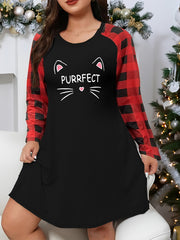  Lounge Dress Women's Plus Letter Cat Graphic Plaid Raglan Sleeve