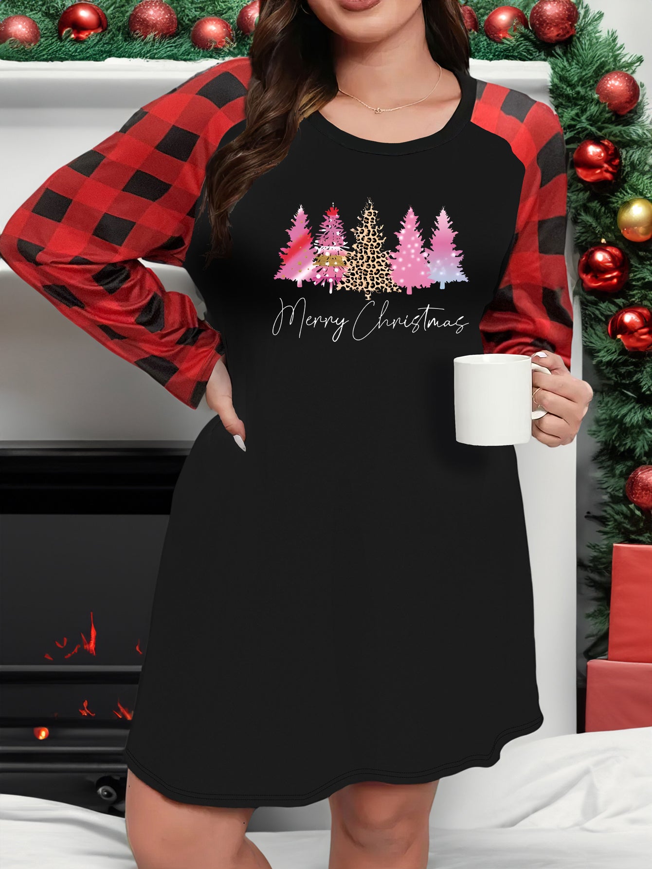  Christmas Tree & Slogan Print Plaid Raglan Sleeve Nightdress