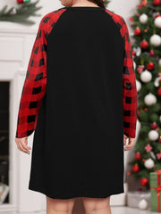 Plus Size Elk Graphic Plaid Raglan Sleeve Lounge Dress