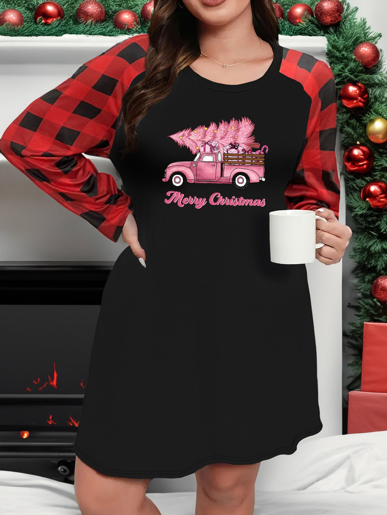  Christmas Lounge Dress with Tree & Car Graphic Plaid Sleeves