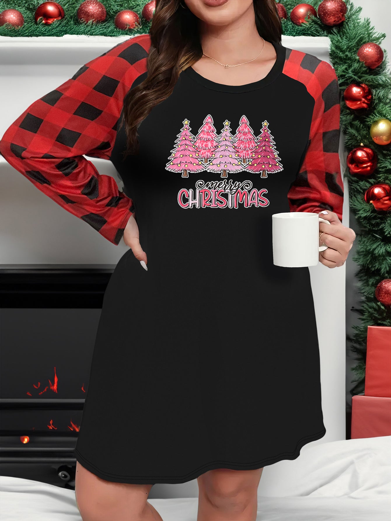  Christmas Lounge Dress Women's Graphic Plaid Raglan Sleeve Nightdress
