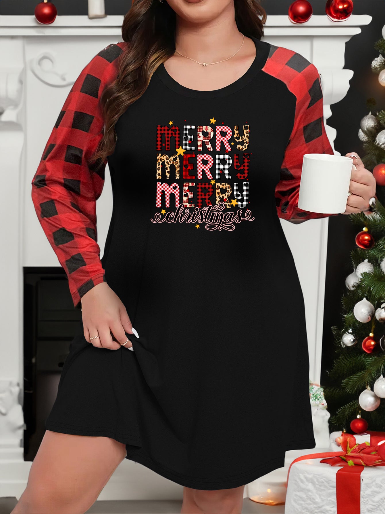  Christmas Loungewear Dress Women's Plus Star & Letter Print
