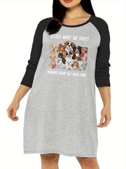  Nightdress Dogs Letter Graphic Sleep Dress Raglan Long Sleeve