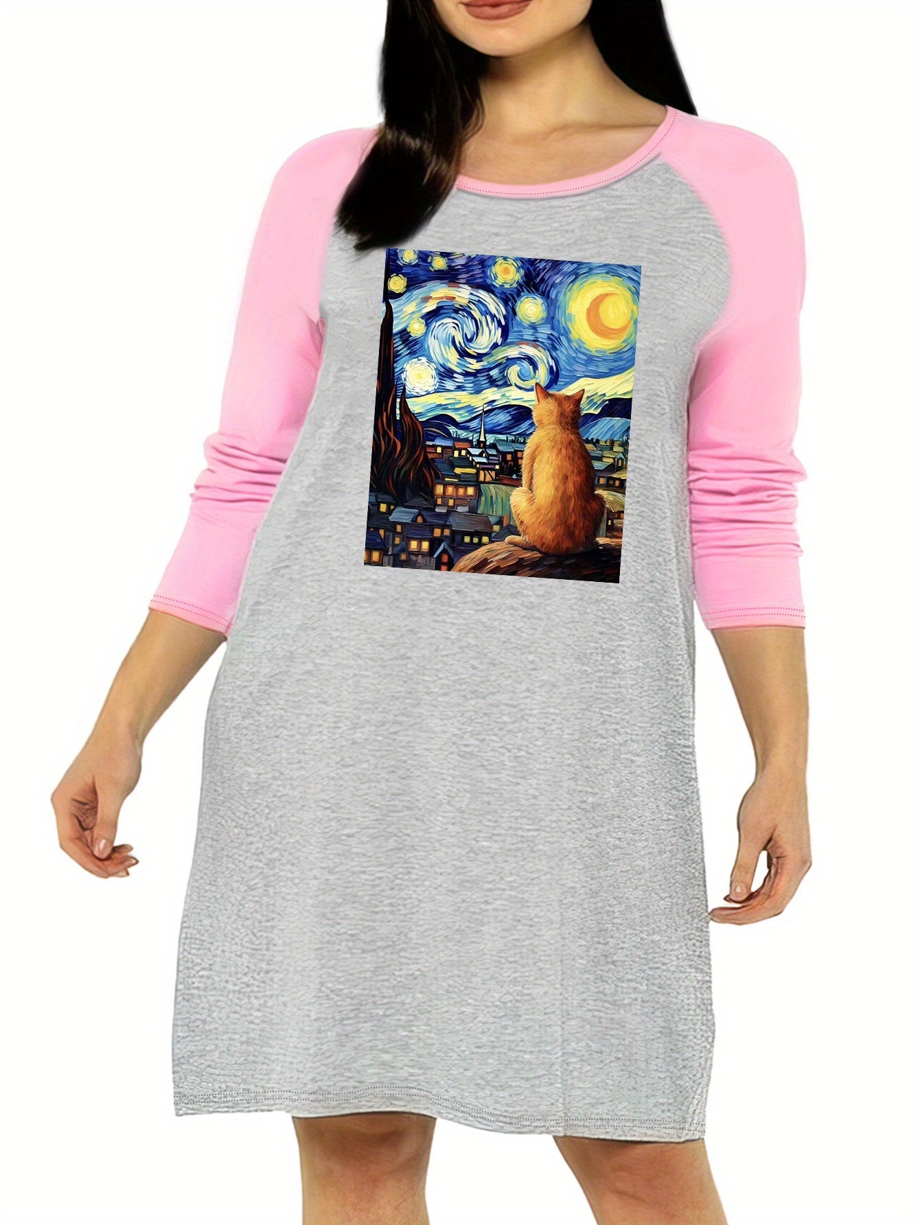 Nightdress Starry Sky & Cat Graphic Raglan Long Sleeve Sleep Dress