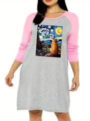  Nightdress Starry Sky & Cat Graphic Raglan Long Sleeve Sleep Dress