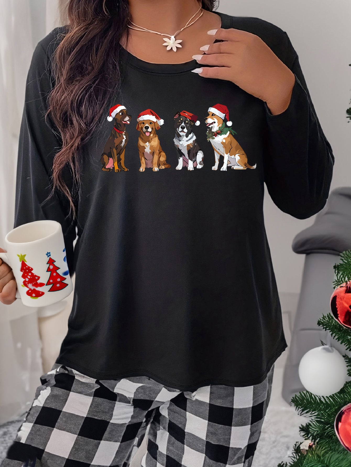  Christmas Loungewear Top Dogs Print Long Sleeve Sleepwear Tee