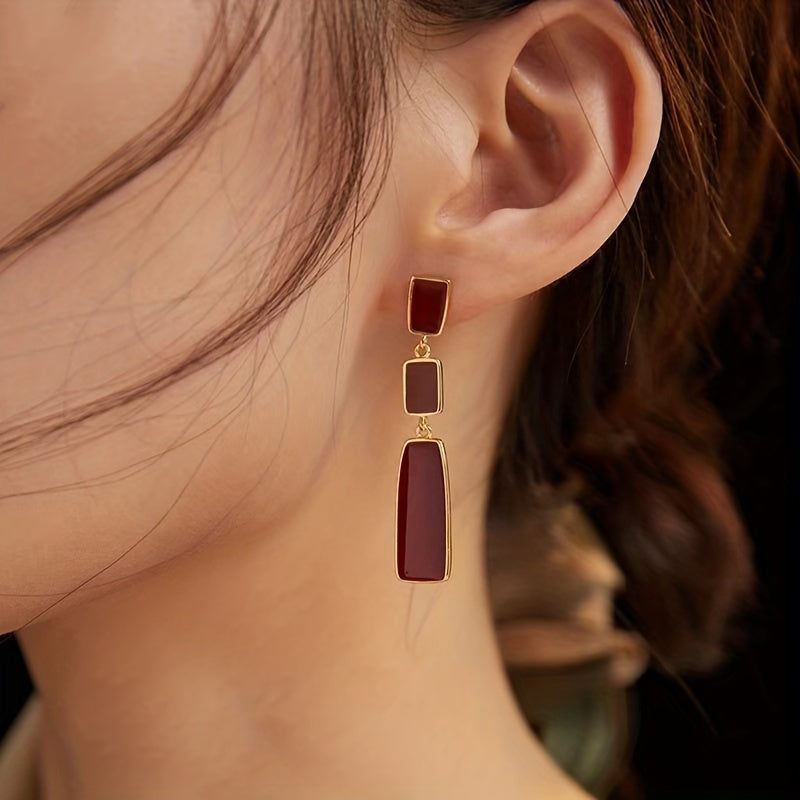 Red Geometric Dangle Earrings Retro Alloy Jewelry