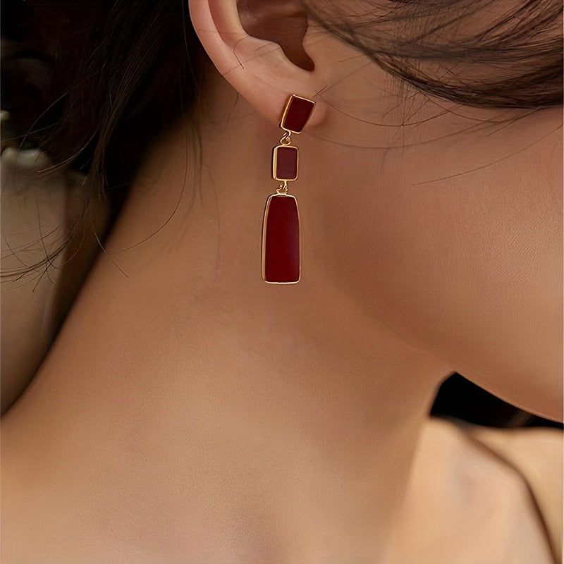 Red Geometric Dangle Earrings Retro Alloy Jewelry