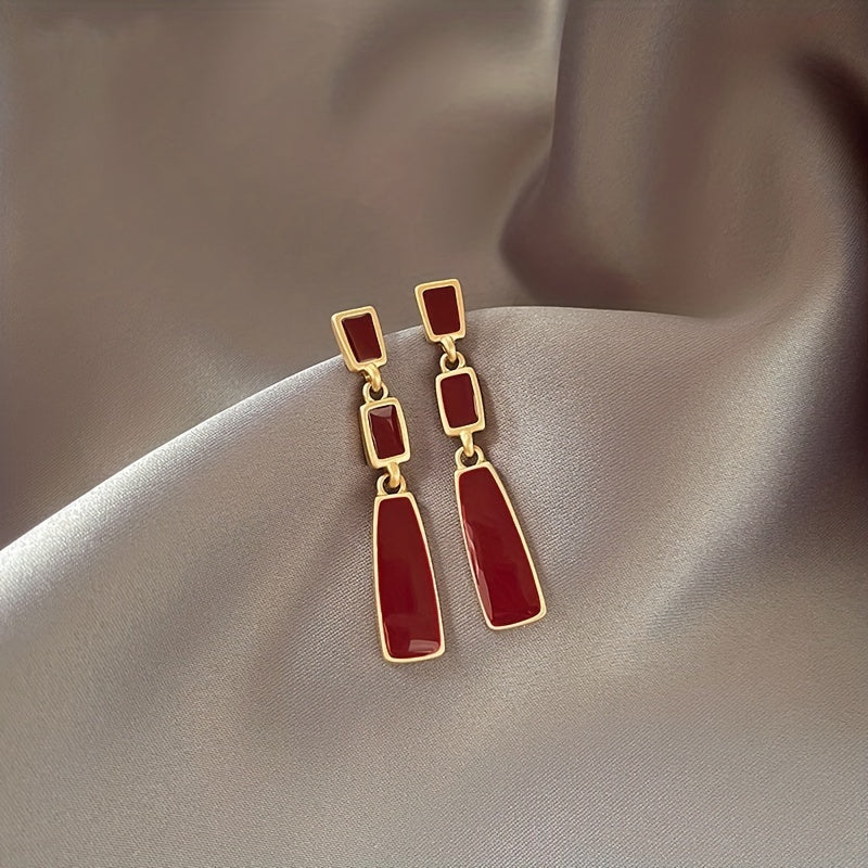 Red Geometric Dangle Earrings Retro Alloy Jewelry