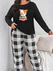  Cat & Ramen Print Long Sleeve Top & Plaid Pants Lounge 2 Piece Set