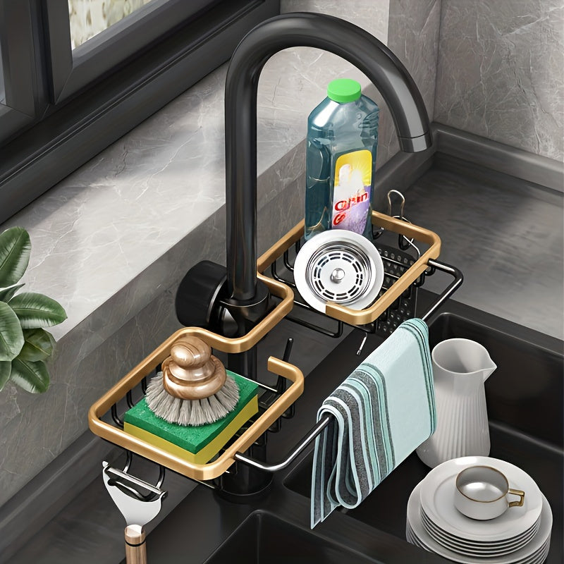 Adjustable Kitchen Organizer Shelf for Sponge and Faucet Storage