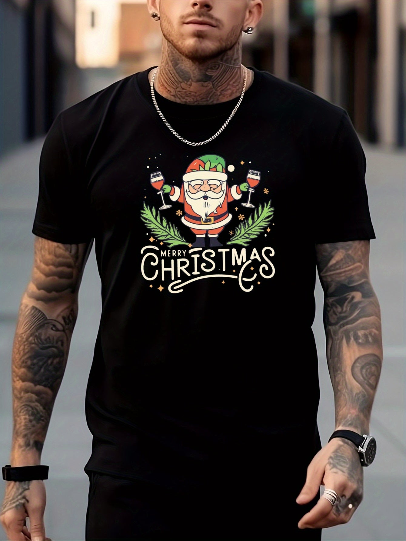 Christmas Santa Print Men's Graphic Crew Neck Tshirt